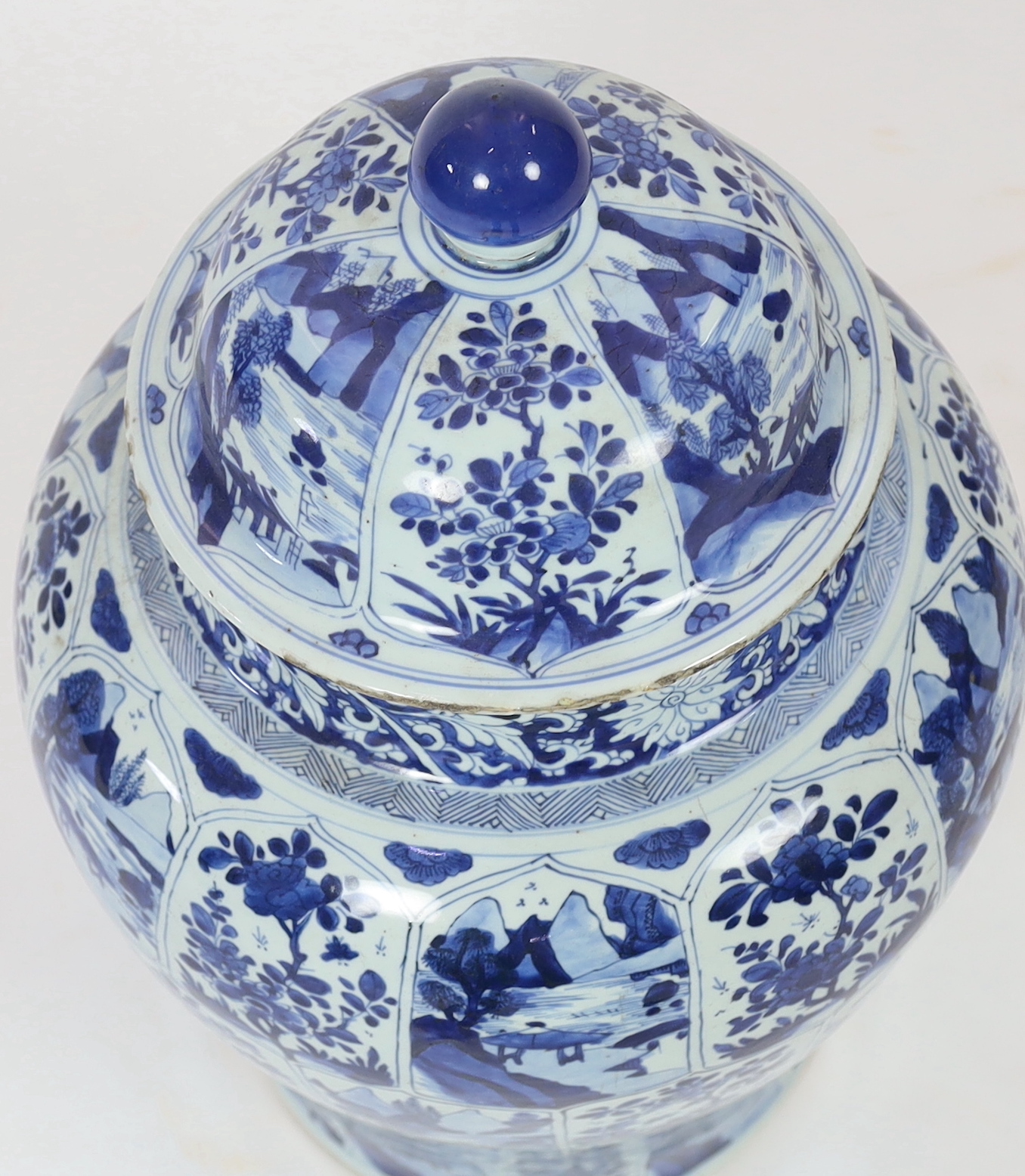 A massive Chinese blue and white jar and cover, Kangxi period, slight faults